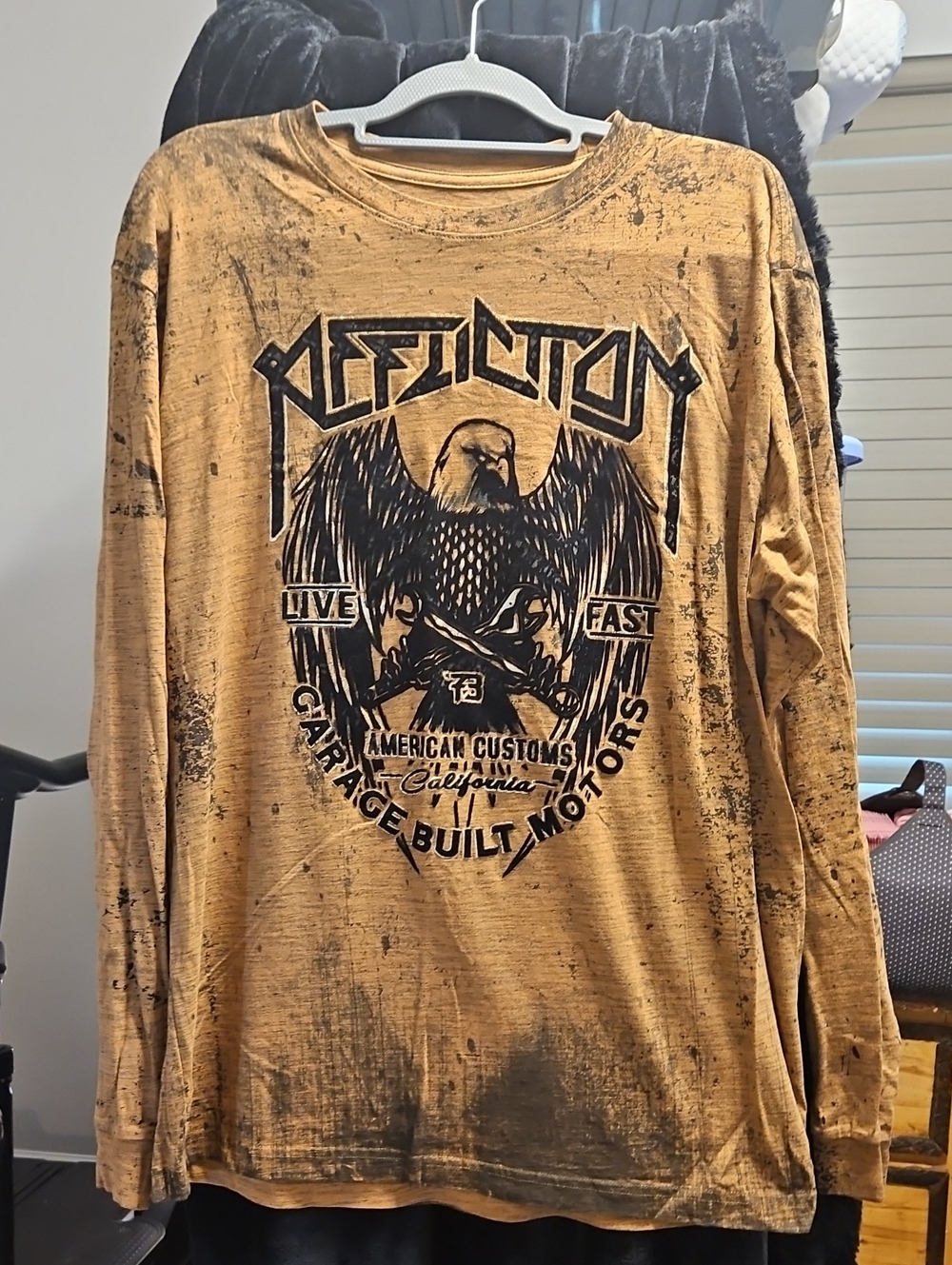 Affliction Men's Yellow Long-Sleeve Graphic Tee with Black Eagle Print